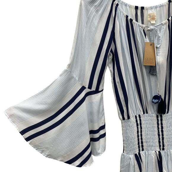 Surf Gypsy Navy and White Stripe Flounce Sleeve Smocked Waist Dress Size Small - Picture 4 of 9